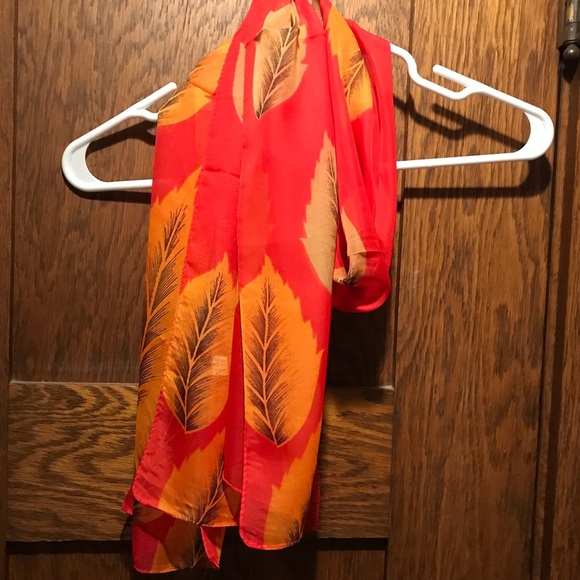 Fashion Scarves Accessories - Leaf motif scarf red and orange Chiffon